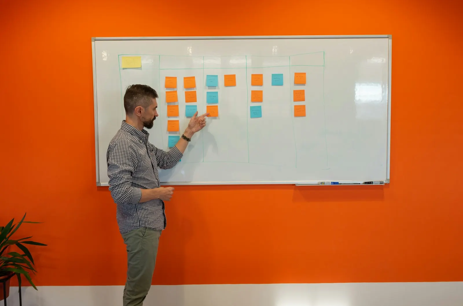 Presenter at a whiteboard covered in planning notes